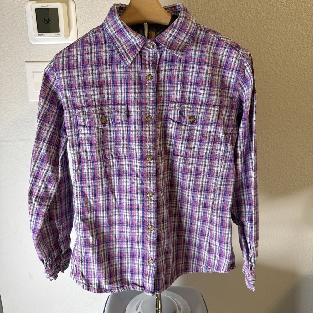 Carhartt Women's Button Down Shirt Pink Plaid Size Small 4-6